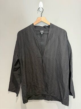 Eileen Fisher Silk Linen Textured Deep V Neck Tunic Top Black M